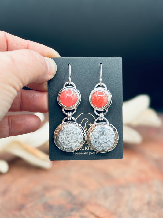 Fossilized Coral and Rhodochrosite Sterling Silver Earrings