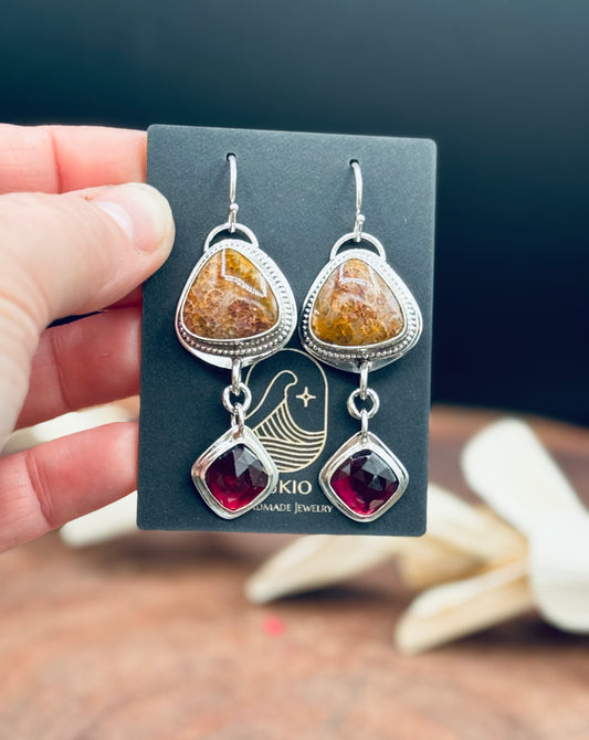 Fossilized Coral and Garnet Sterling Silver Earrings