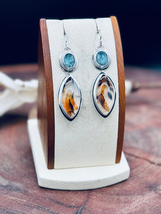 Montana Agate and Aqua Kyanite Sterling Silver Earrings