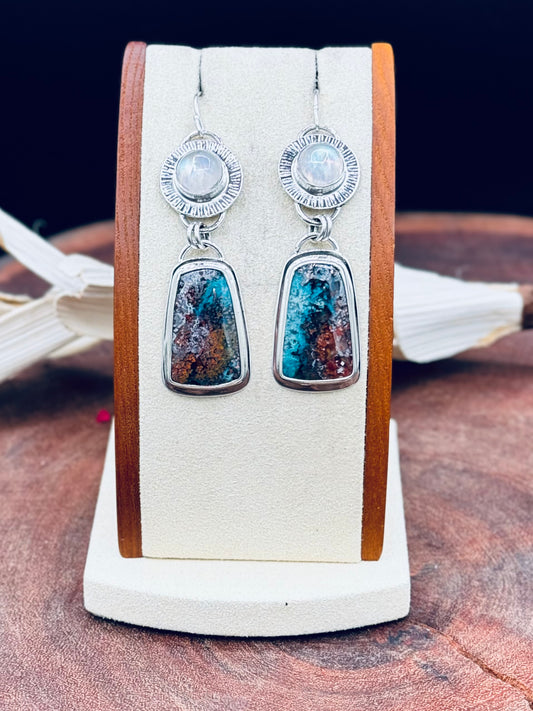 Copper Chrysocolla and Rainbow Moonstone Sterling Silver Earrings