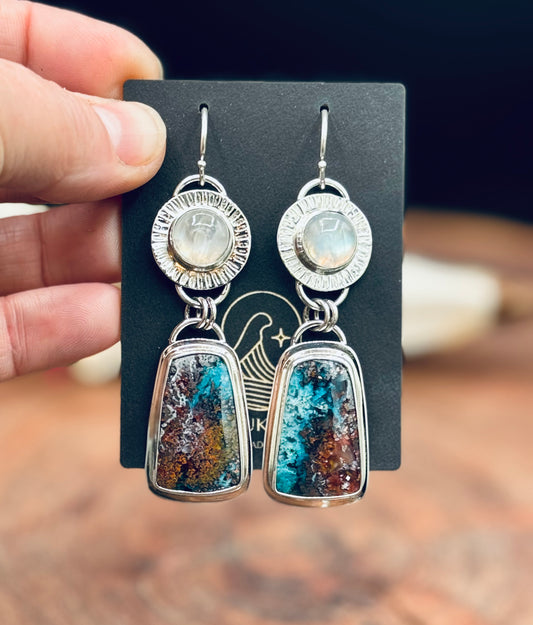 Copper Chrysocolla and Rainbow Moonstone Sterling Silver Earrings