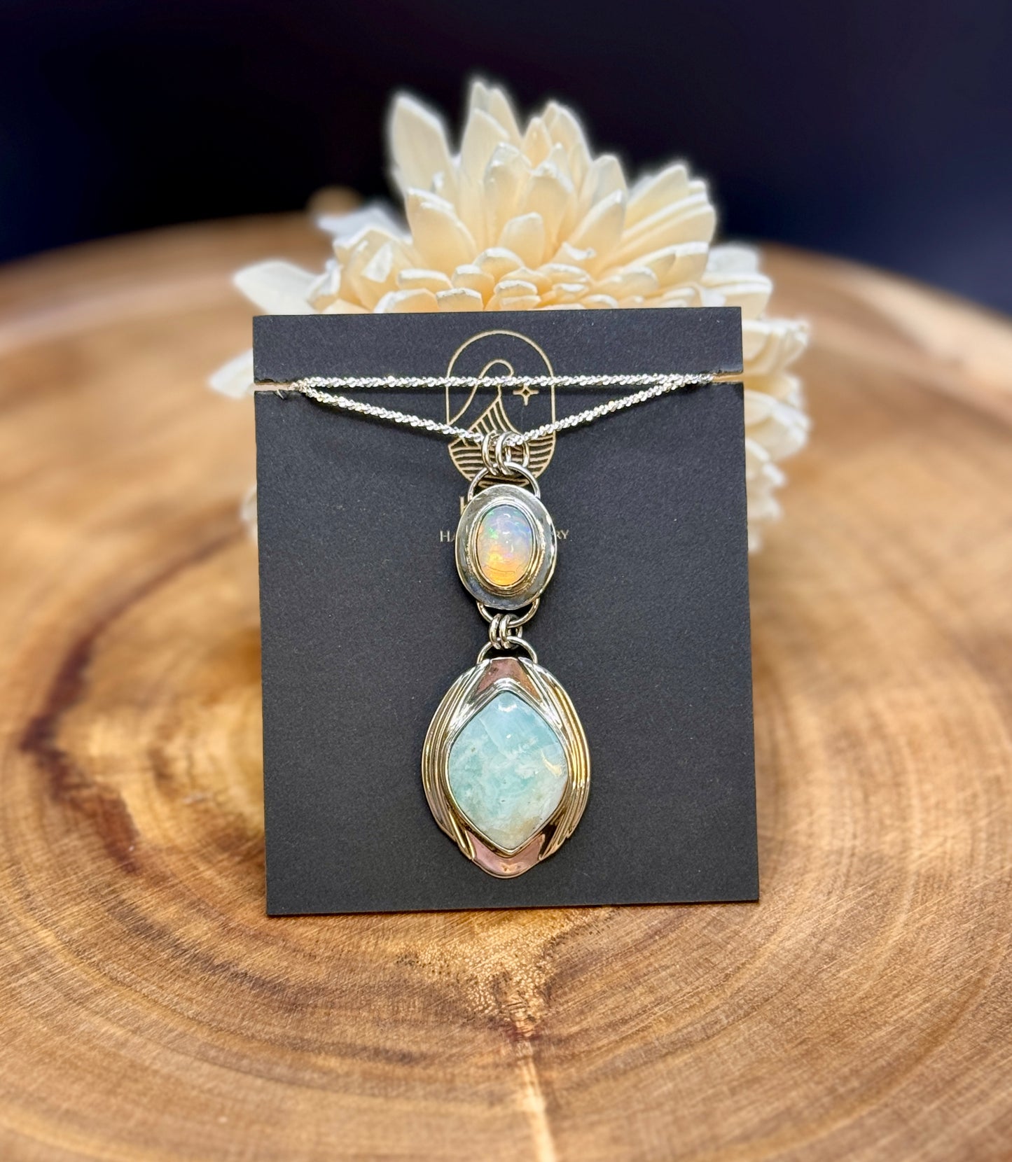 Blue Calcite and Opal Sterling Silver Pendant