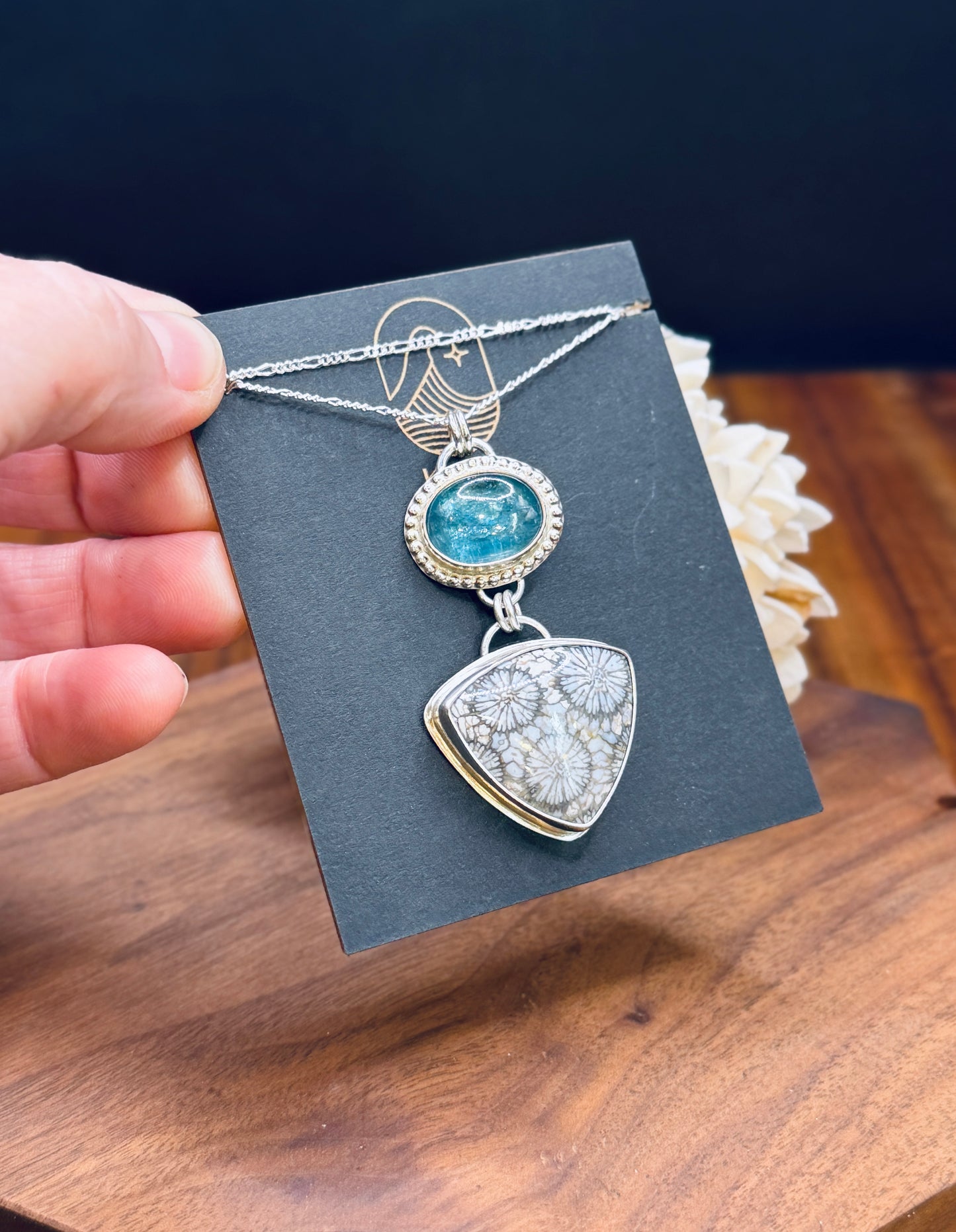 Sterling Silver Fossilized Coral and Aqua Kyanite Pendant