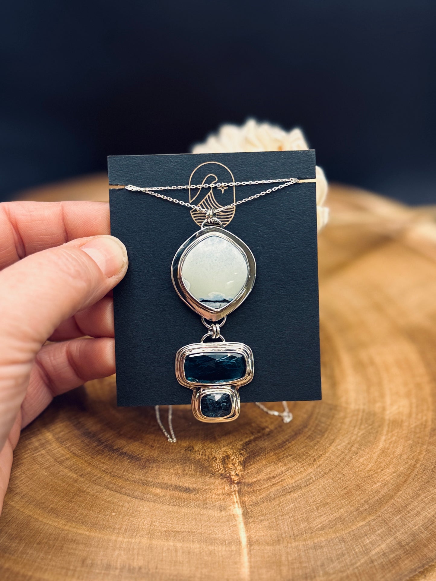 Natural Polychrome White River Hotsonite Pendant with Paraiba and Teal Moss Kyanite