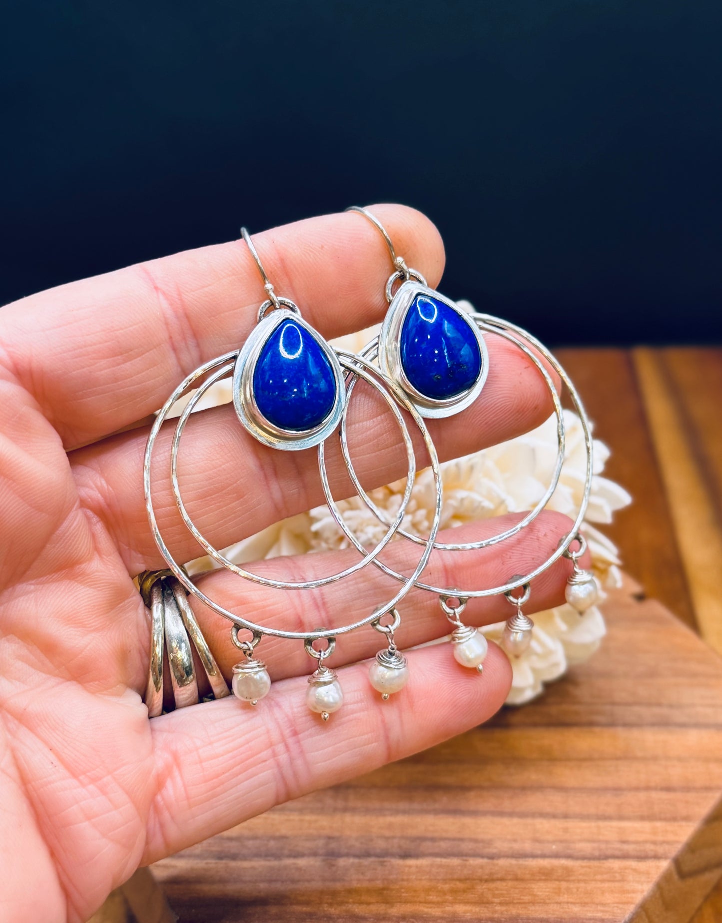 Sterling Silver Lapis and Pearl Hoop Earrings