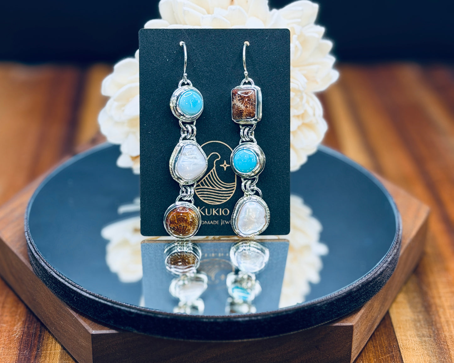 Fossilized Coral, Pearl and Sleeping Beauty Turquoise Earrings