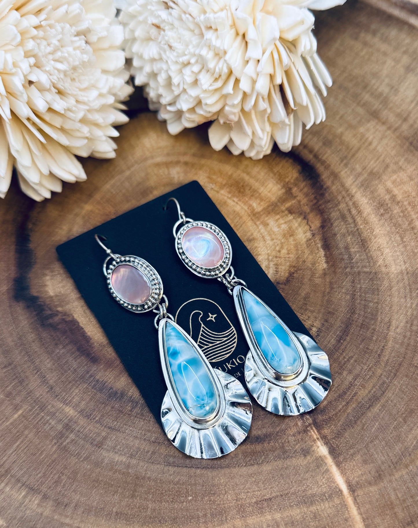 Sterling Silver Larimar and Pink Conch Shell Earrings
