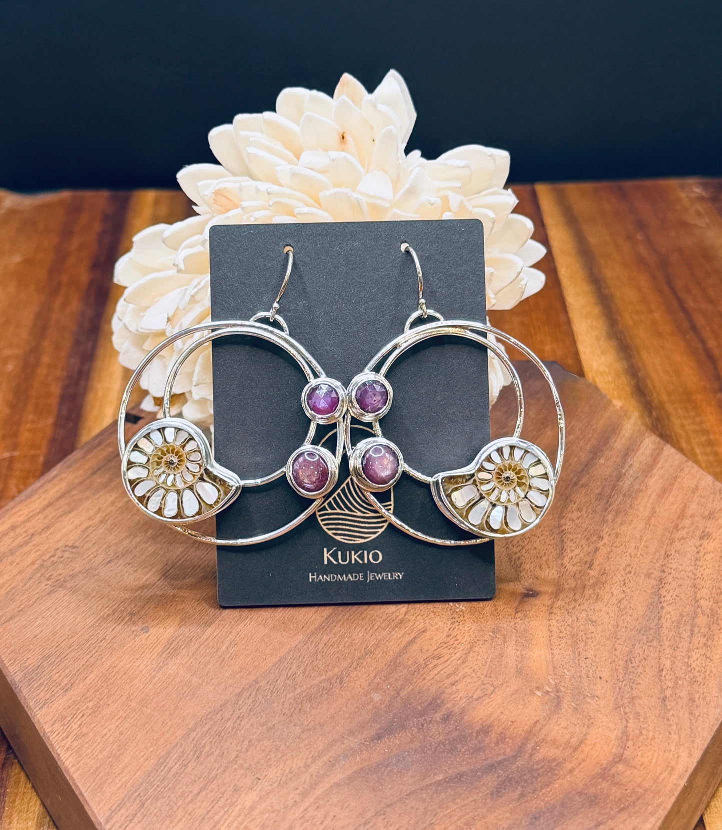 Sterling Silver Double Hoop Ammonite and Silky Ruby Earrings