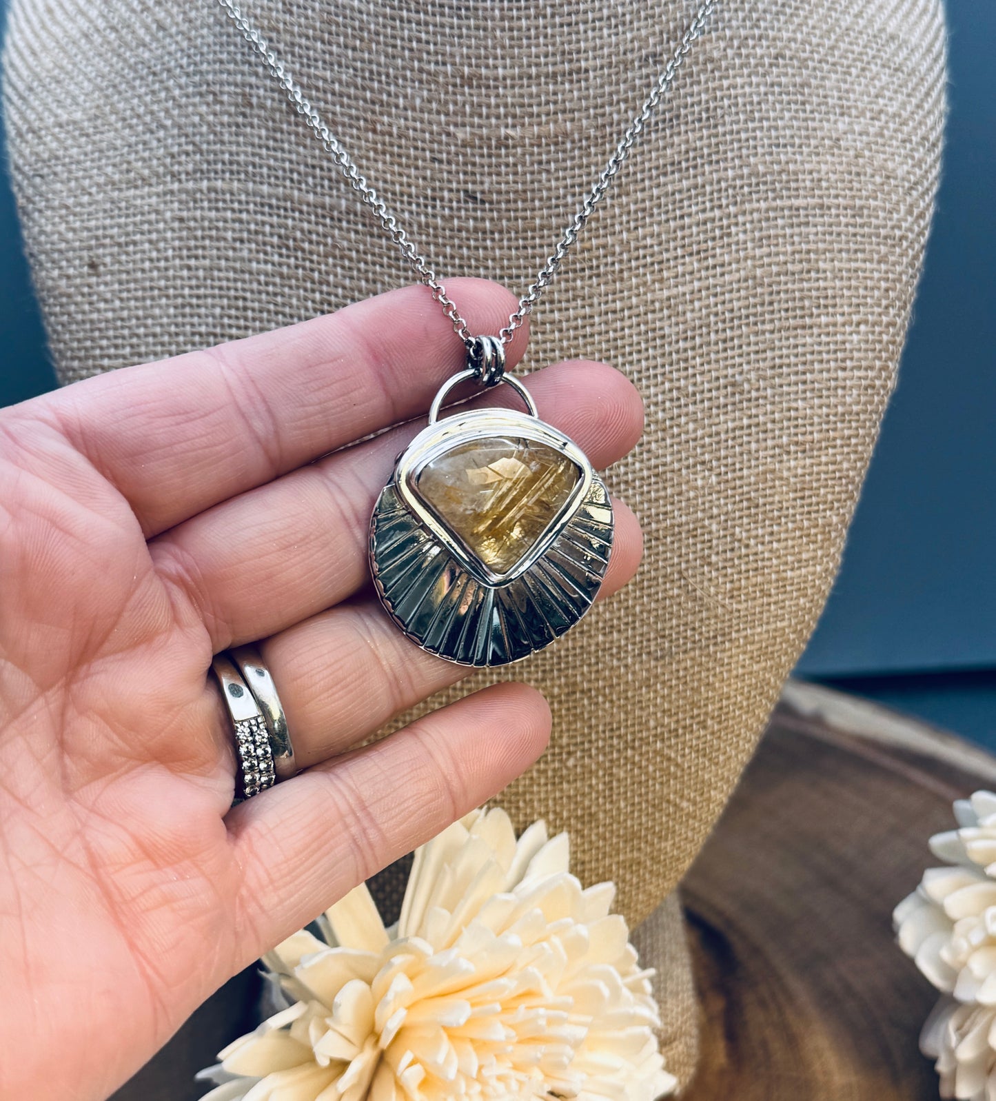 Golden Rutile Quartz Sunburst Sterling Silver Pendant