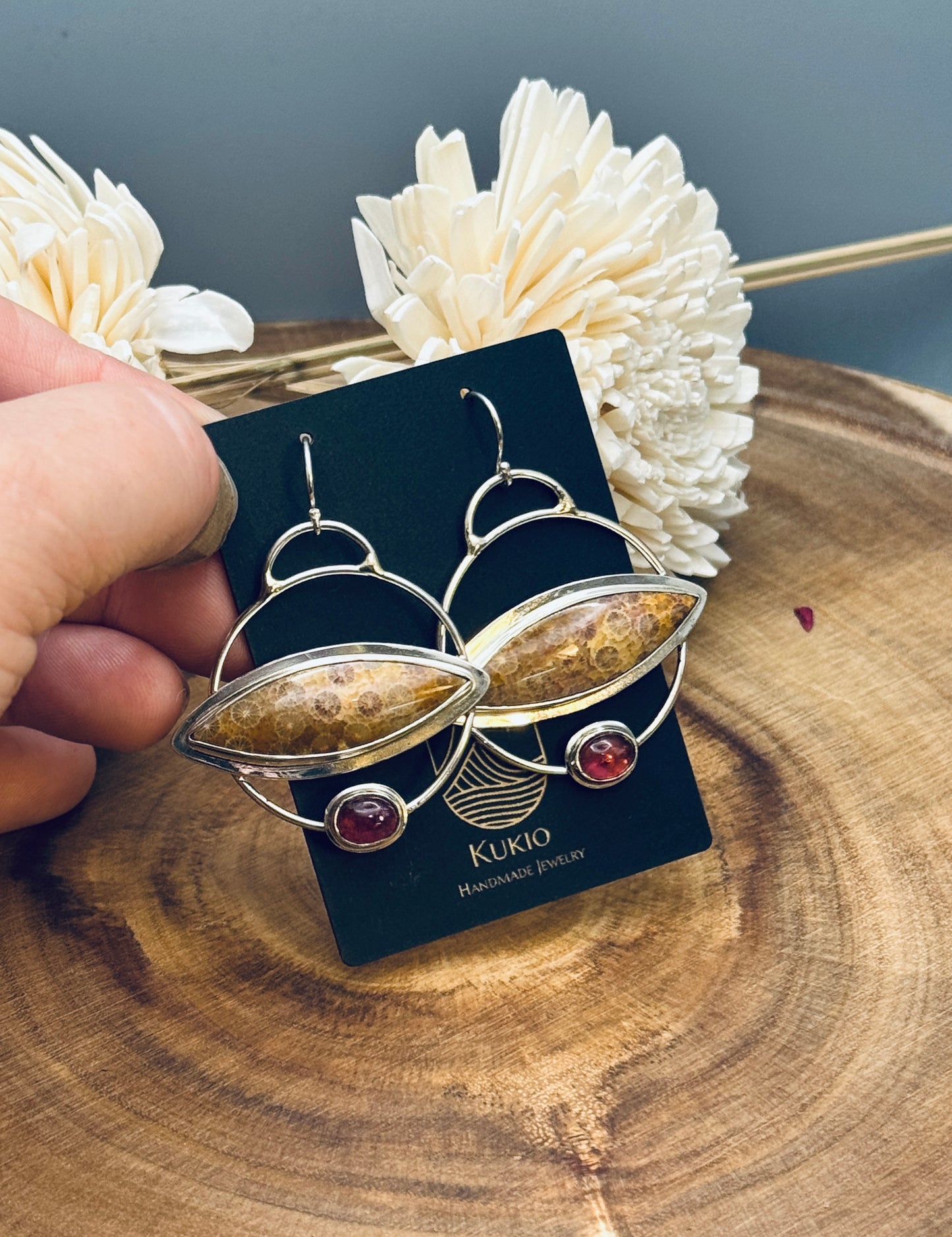 Sterling Silver Fossilized Coral & Pink Tourmaline Earrings