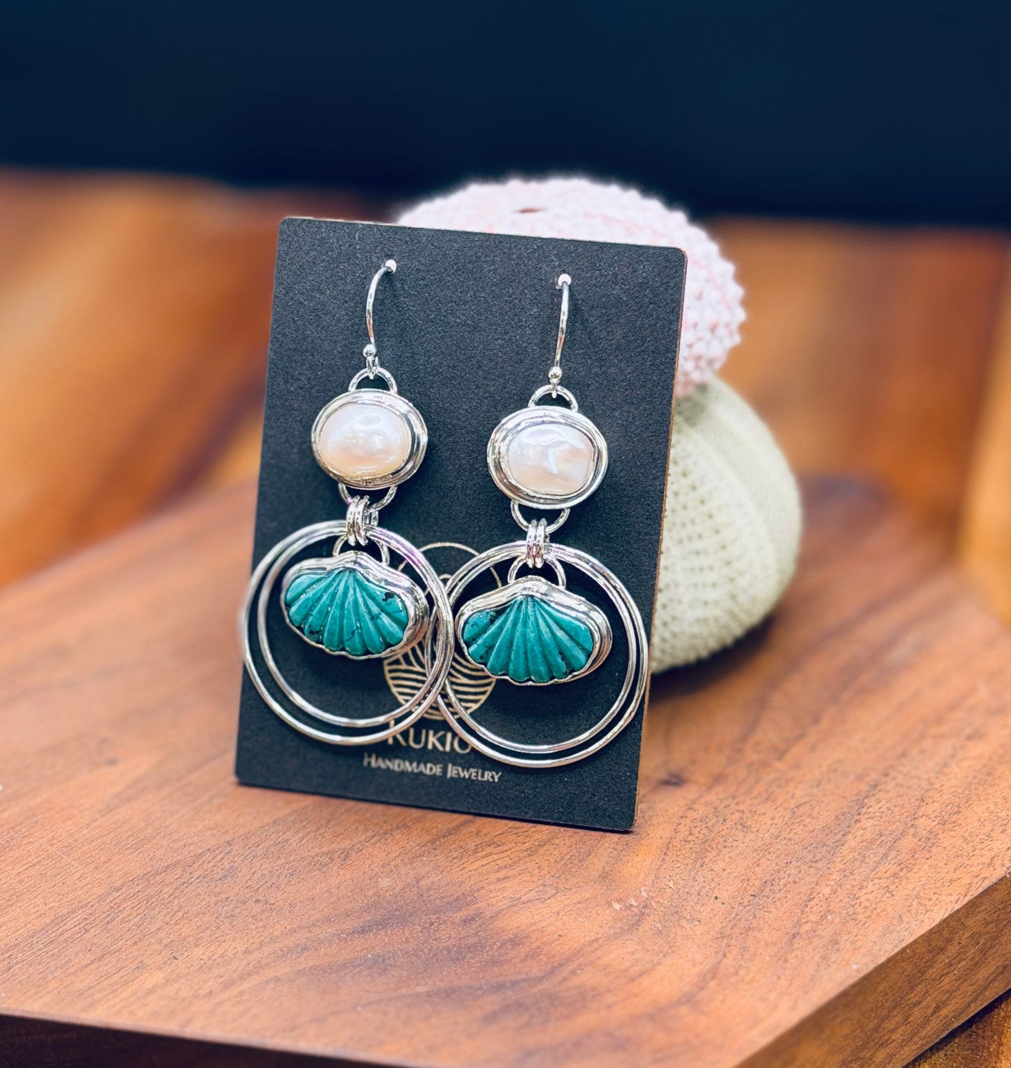Turquoise Shell and Pearl Sterling Silver Hoop Earrings