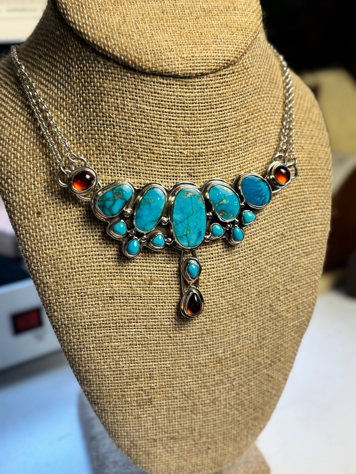 Turquoise and Hessonite Garnet Sterling Silver Necklace