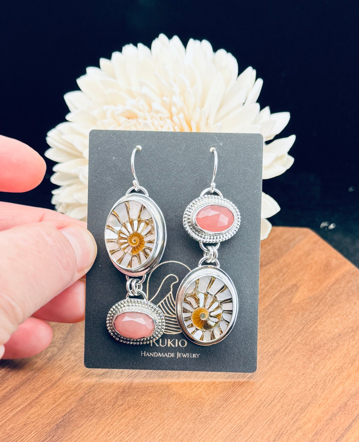 Sterling Silver Ammonite with MOP Inlay and Guava Quartz Earrings