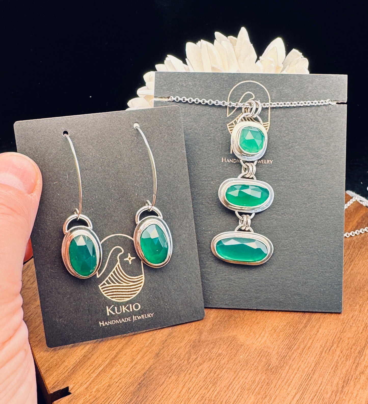 Triple Green Onyx Sterling Silver Pendant Necklace