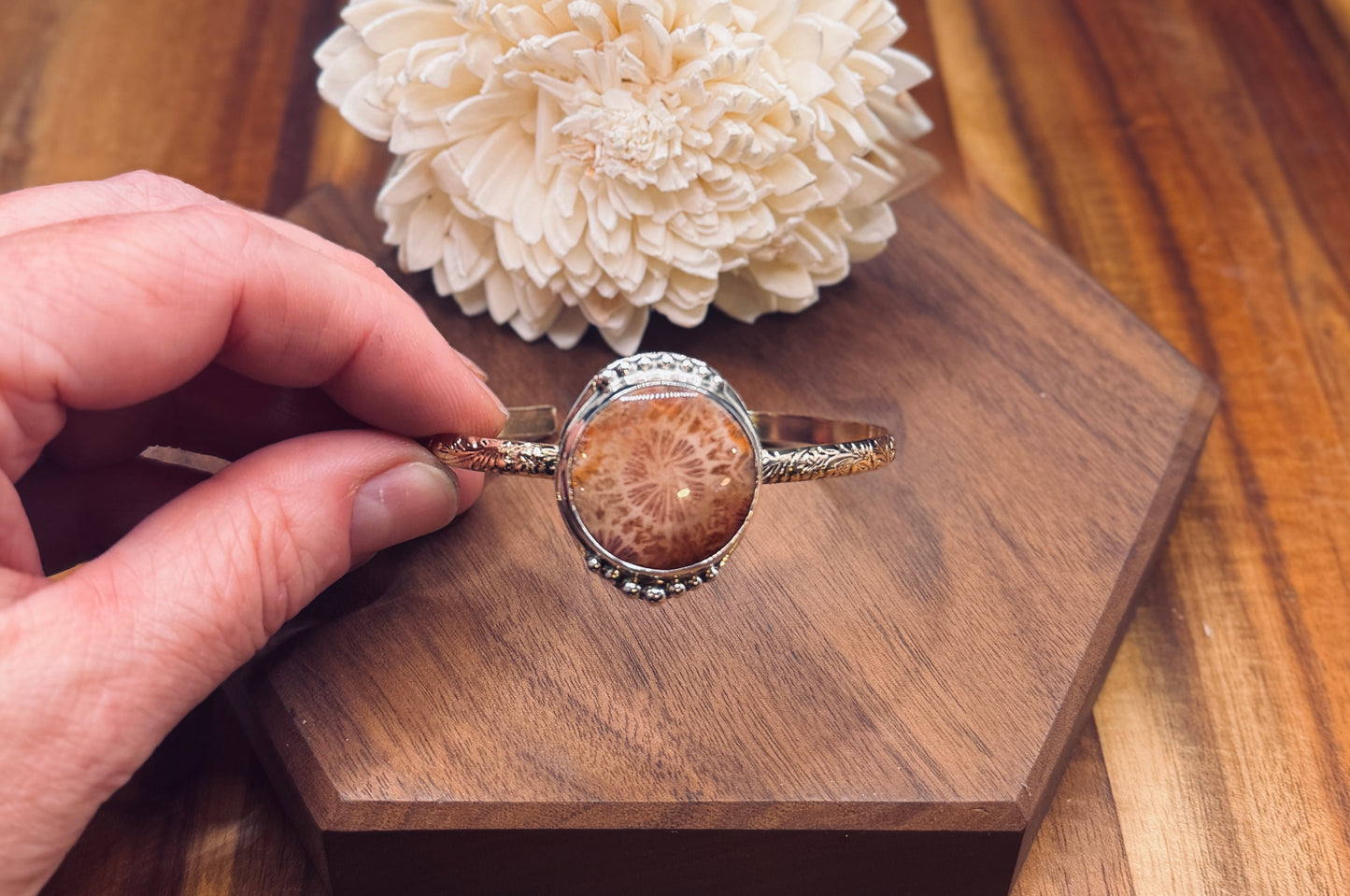 Fossilized Coral Sterling Silver and Gold Fill Cuff