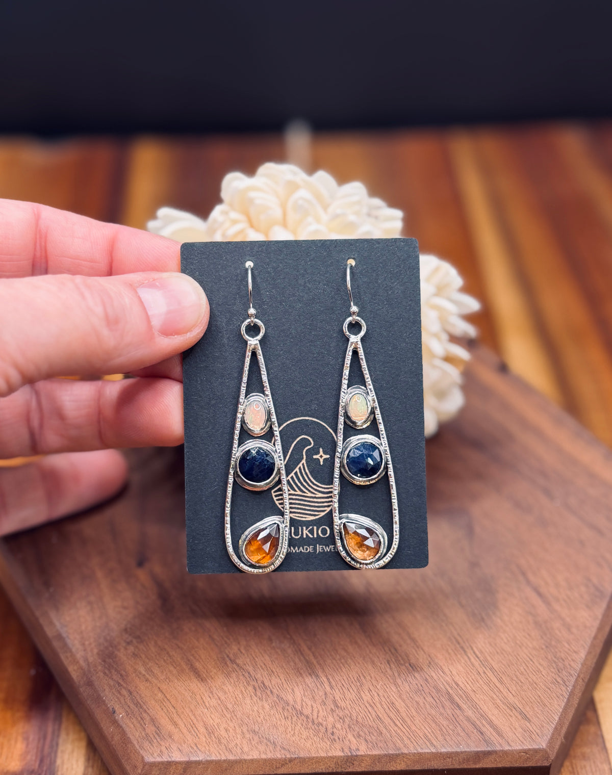Imperial Topaz, Blue Sapphire and Opal Sterling Silver Teardrop Earrings