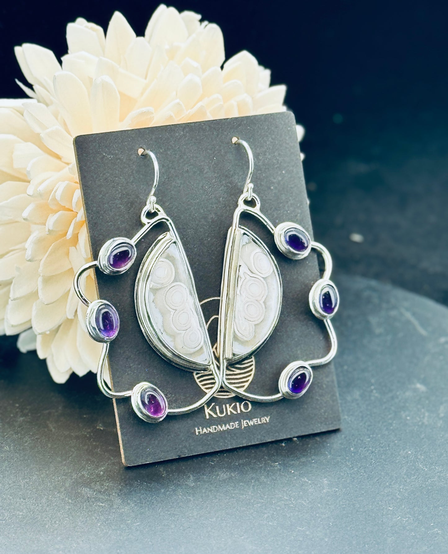 Sterling Silver Orbicular Agate and Amethyst Earrings