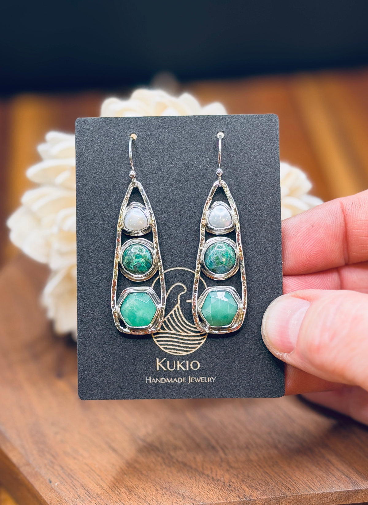 Chrysocolla, Chrysoprase, and Pearl Sterling SIlver Earrings