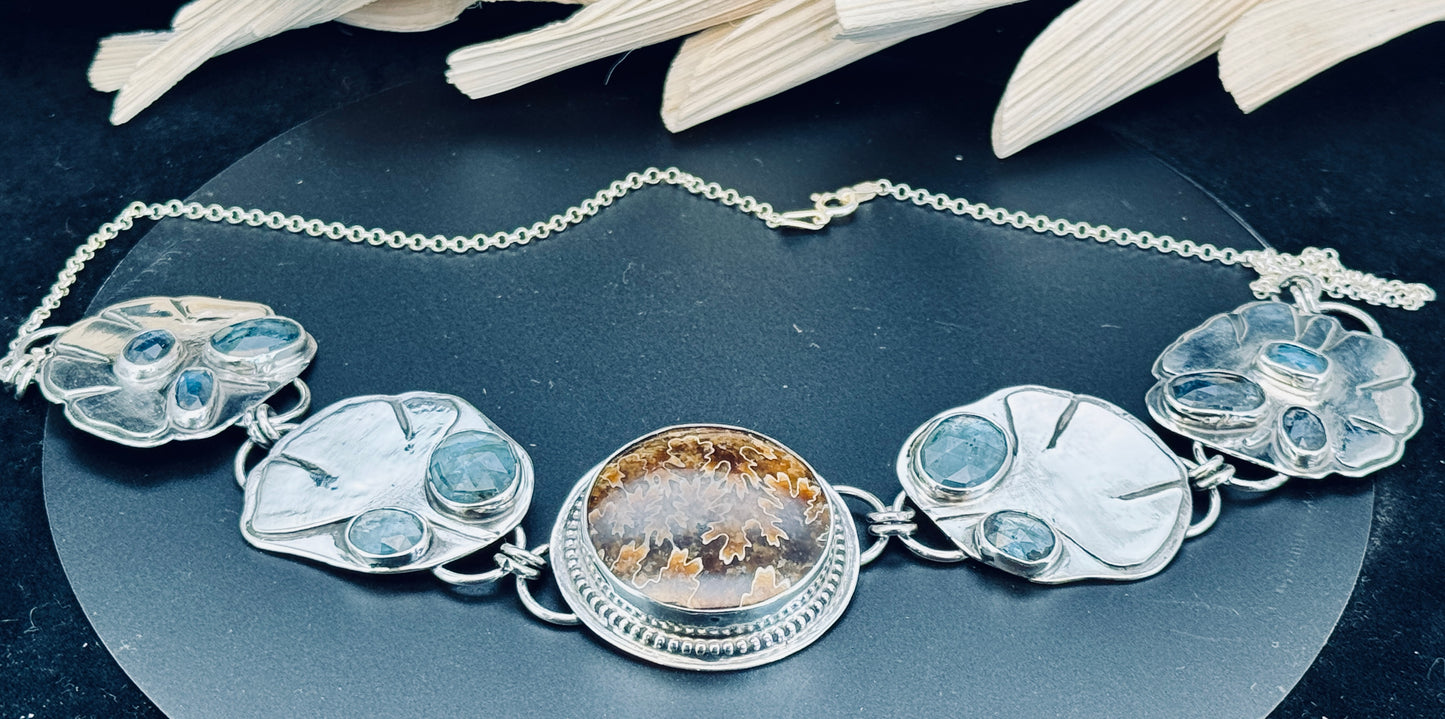 Sterling Silver Ginko Leaf Ammonite with Kyanite Statement Necklace