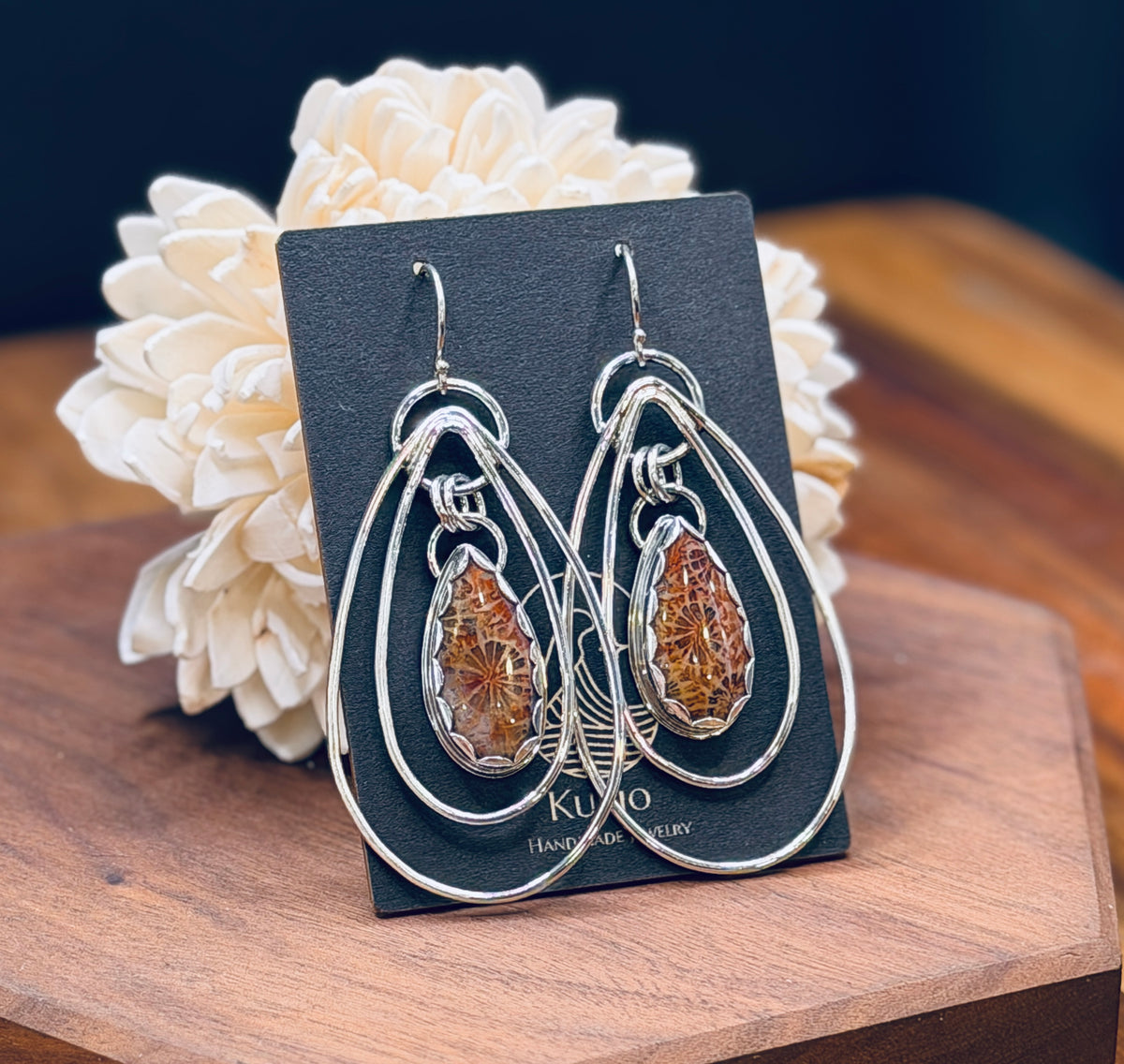 Sterling Silver Fossilized Coral Teardrop Hoops