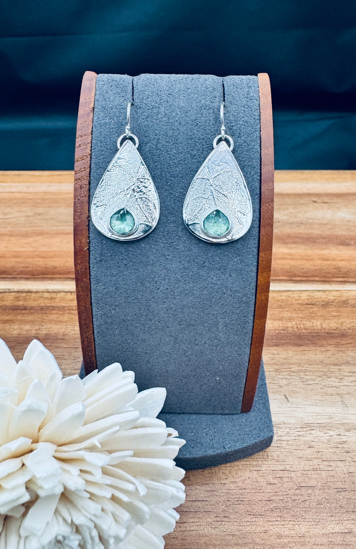 Sterling Silver Leaf Patterned Green Kyanite Earrings