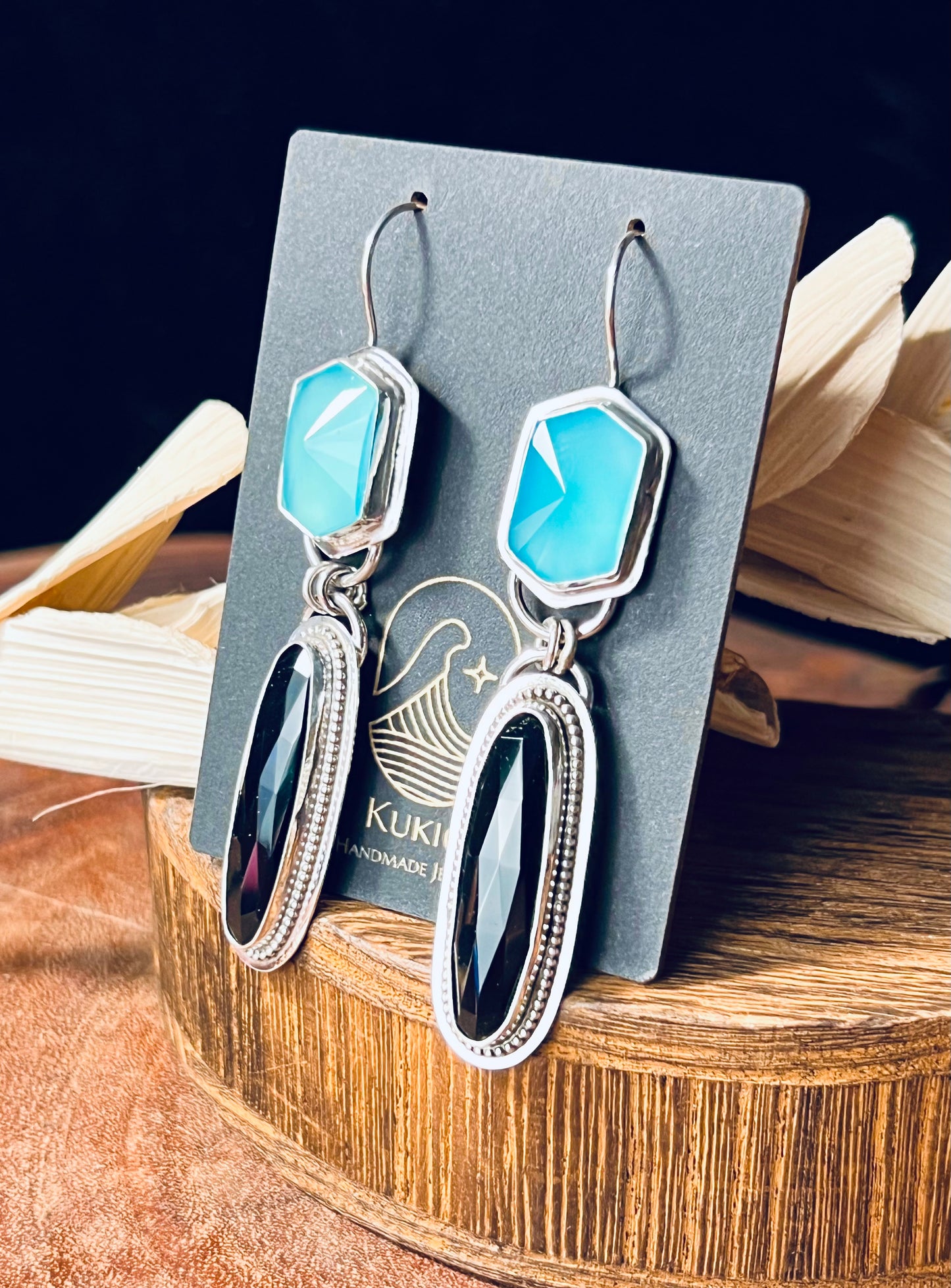 Black Onyx and Paraiba Chalcedony Sterling Silver Earrings