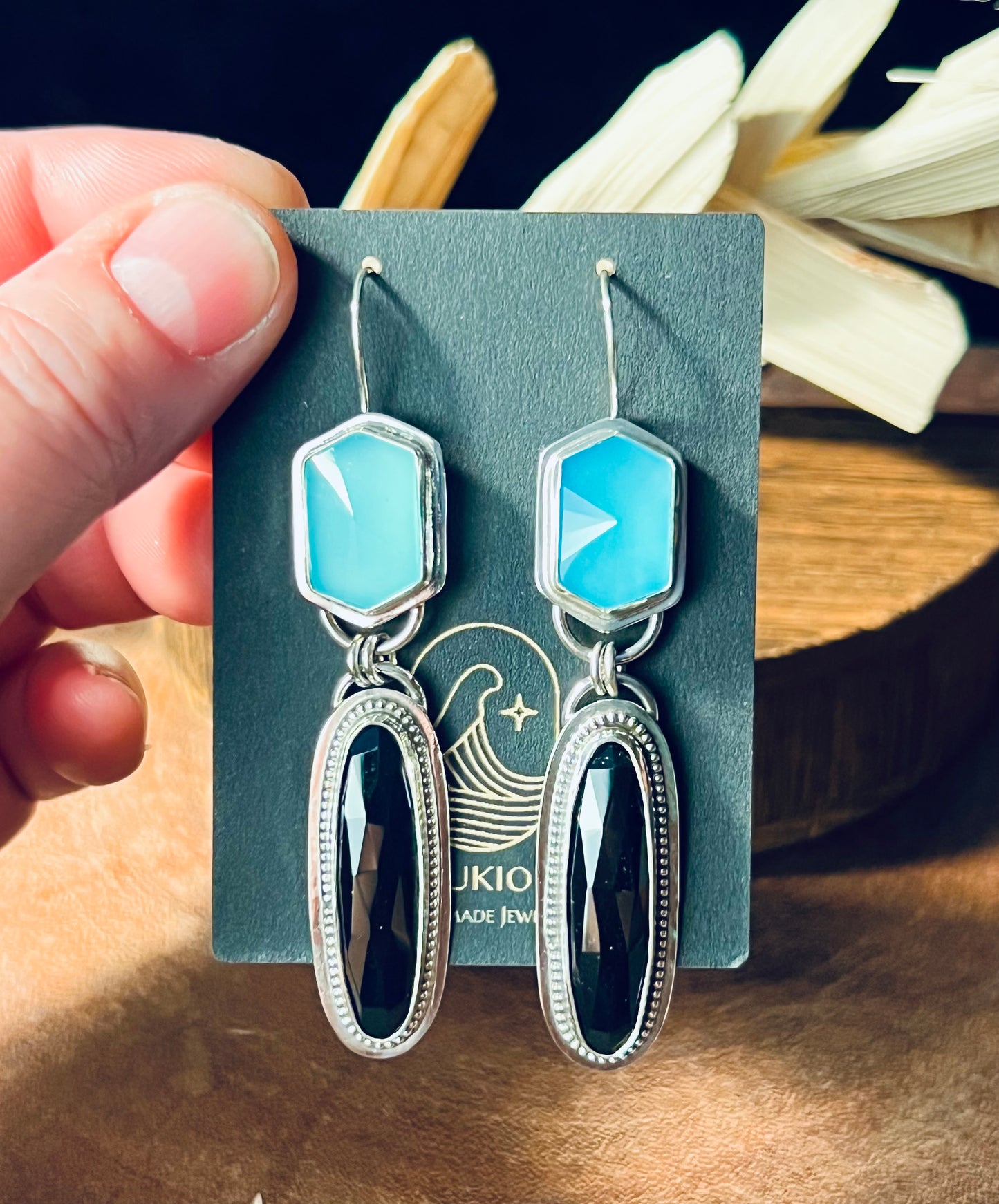 Black Onyx and Paraiba Chalcedony Sterling Silver Earrings