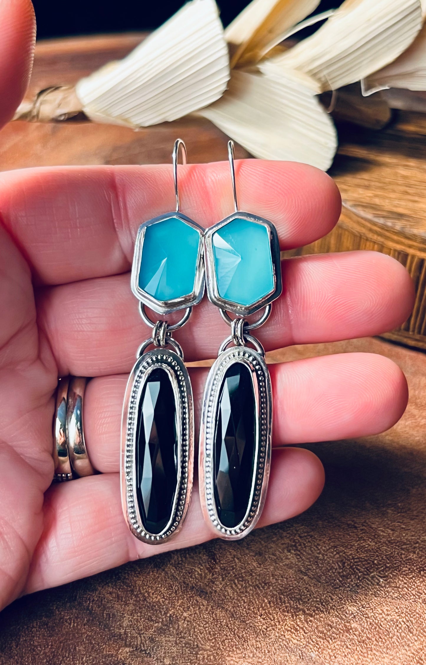 Black Onyx and Paraiba Chalcedony Sterling Silver Earrings