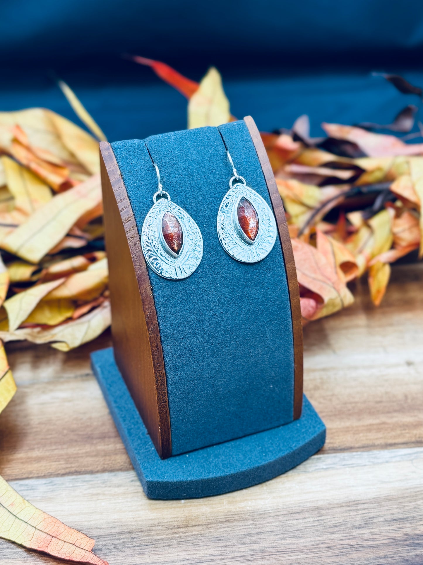 Patterned Sterling Silver Madras Sunstone Earrings