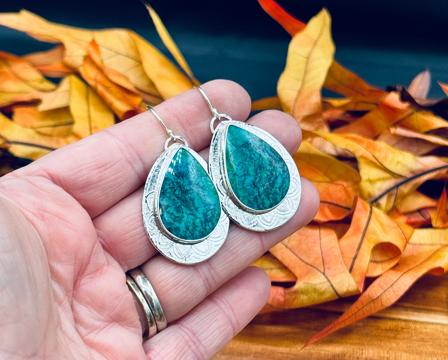 Sterling Silver Patterned Opalized Wood Earrings