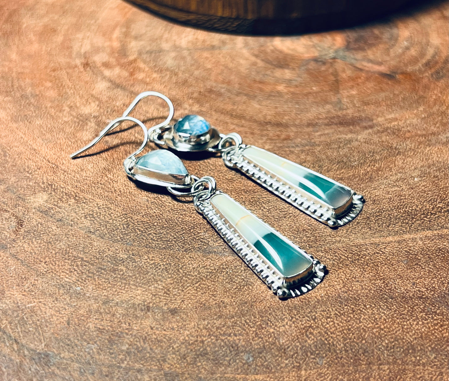 Blue Opalized Wood and Aquamarine Sterling Silver Earrings