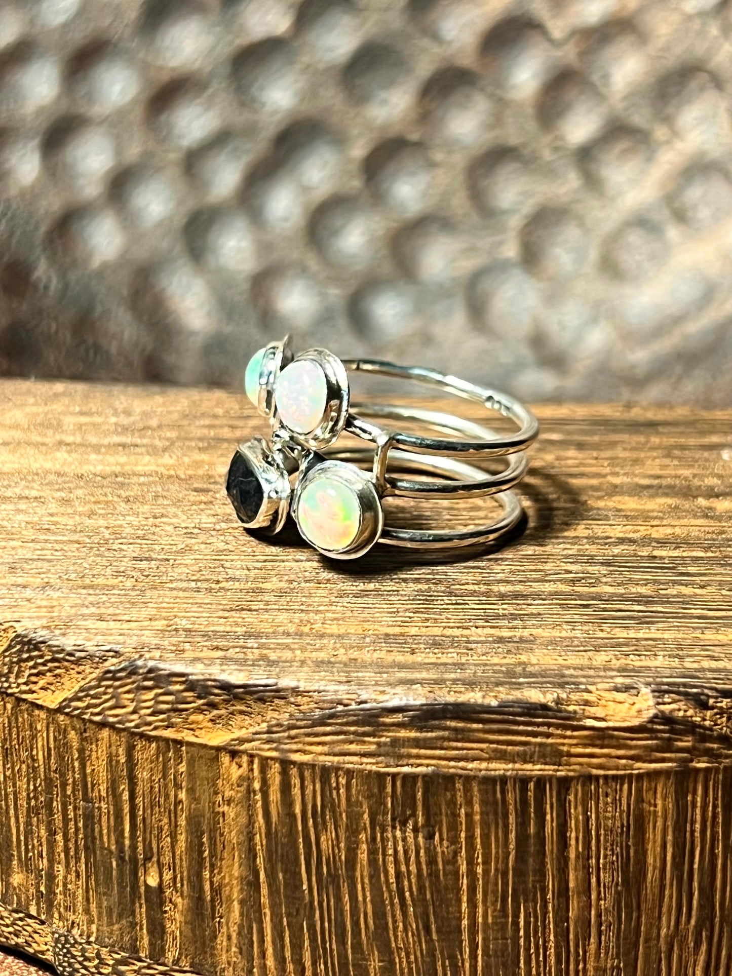 Opal and Teal Moss Kyanite Triple Band Sterling Silver Ring
