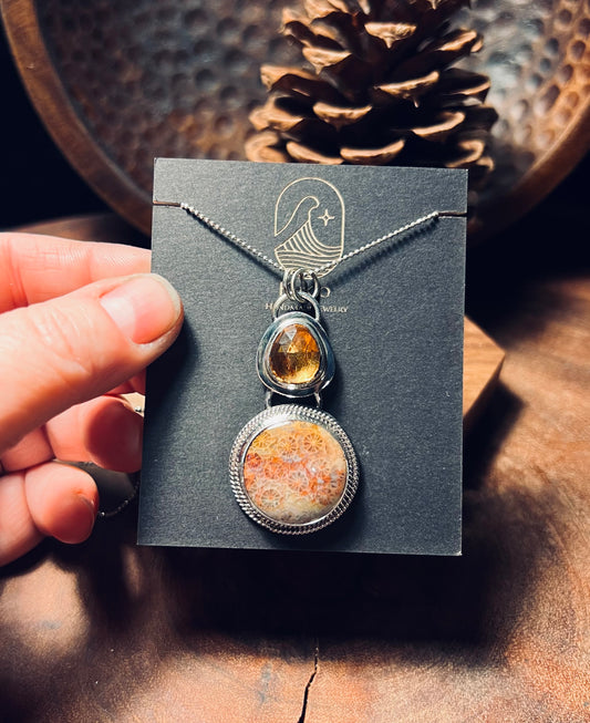Fossilized Coral and Citrine Sterling Silver Pendant