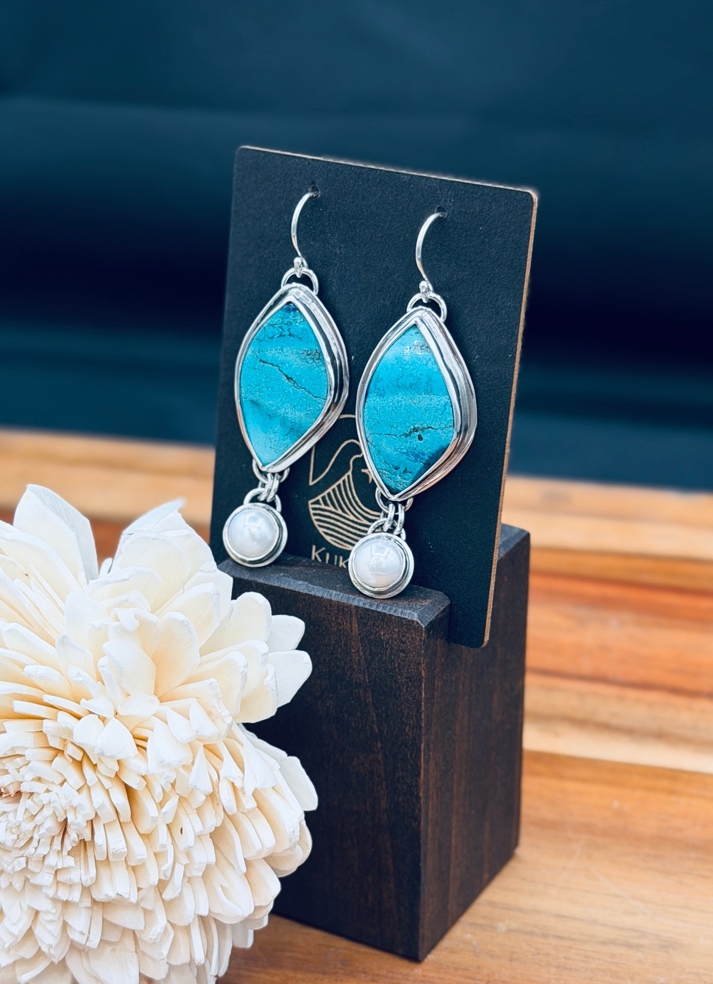 Sterling Silver Shattuckite and Fresh Water Pearl Earrings