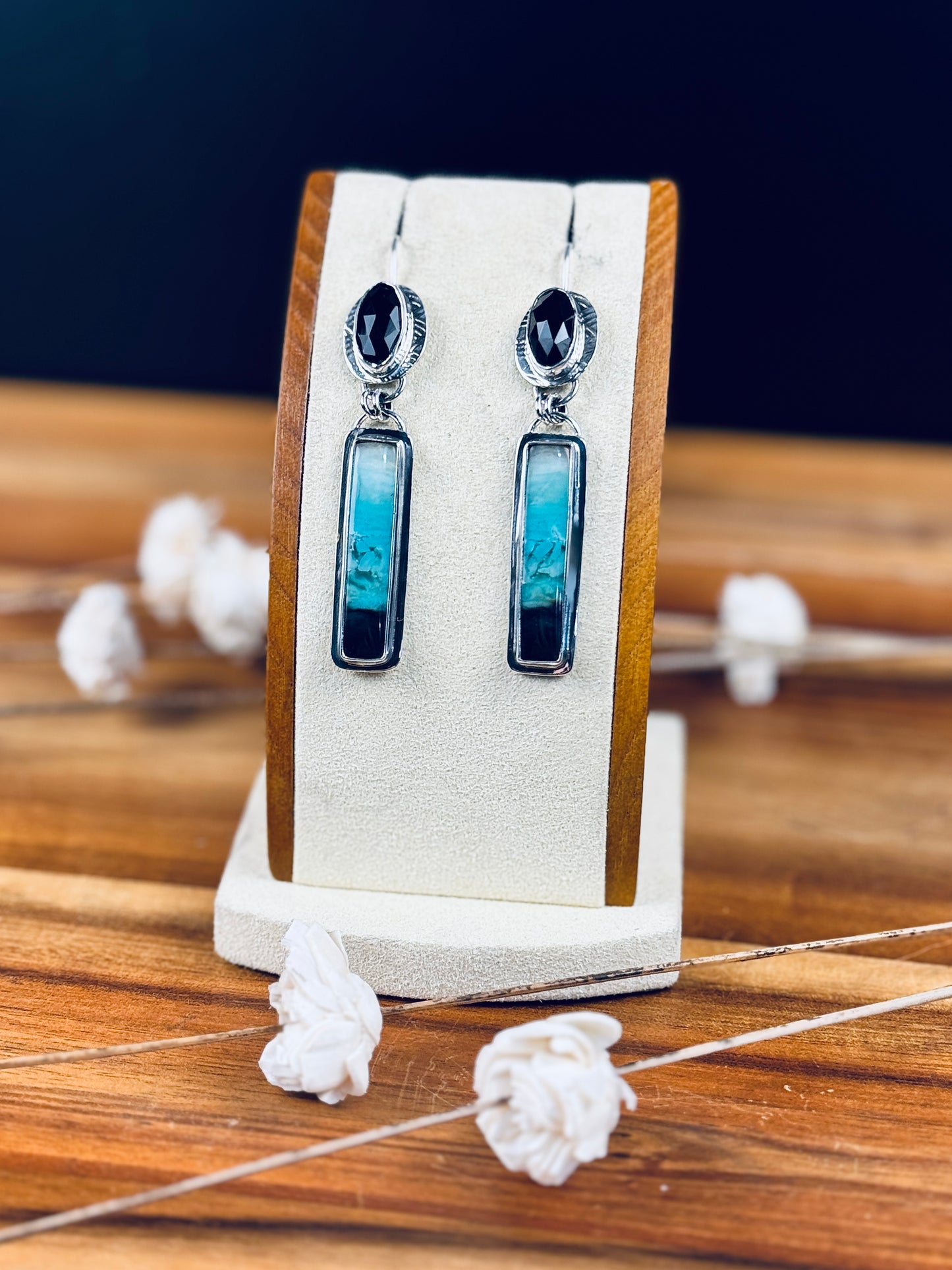 Blue Opalized Wood and Black Onyx Sterling Silver Earrings