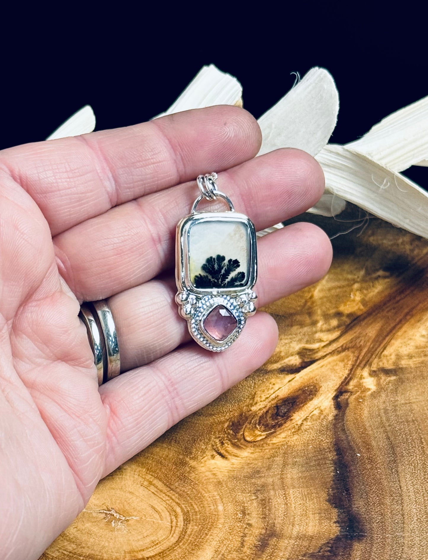 Sterling Silver Scenic Agate and Pink Sapphire Pendant Necklace