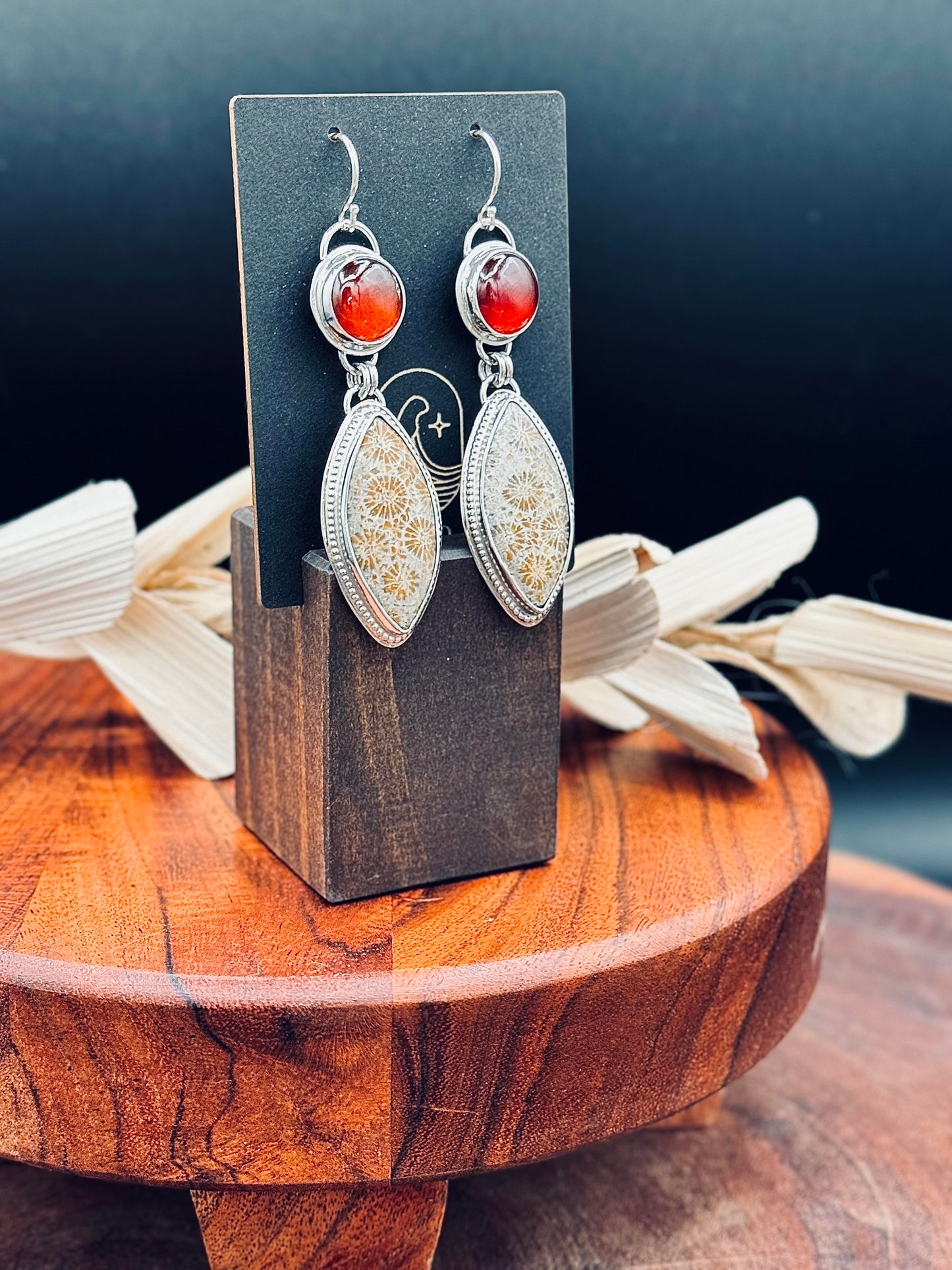 Fossilized Coral and Hessonite Garnet Sterling Silver Earrings
