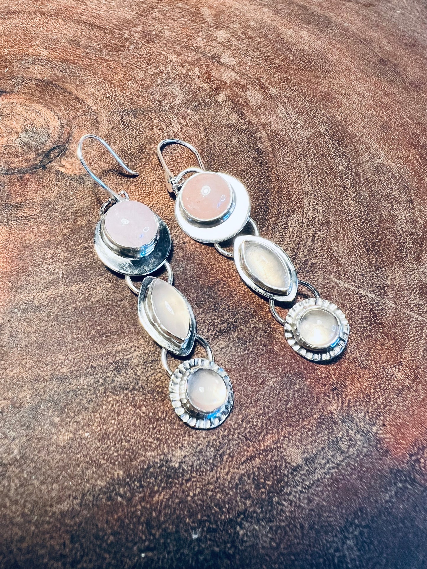 Morganite with Rose Quartz and Lavender Amethyst Dangle Earrings