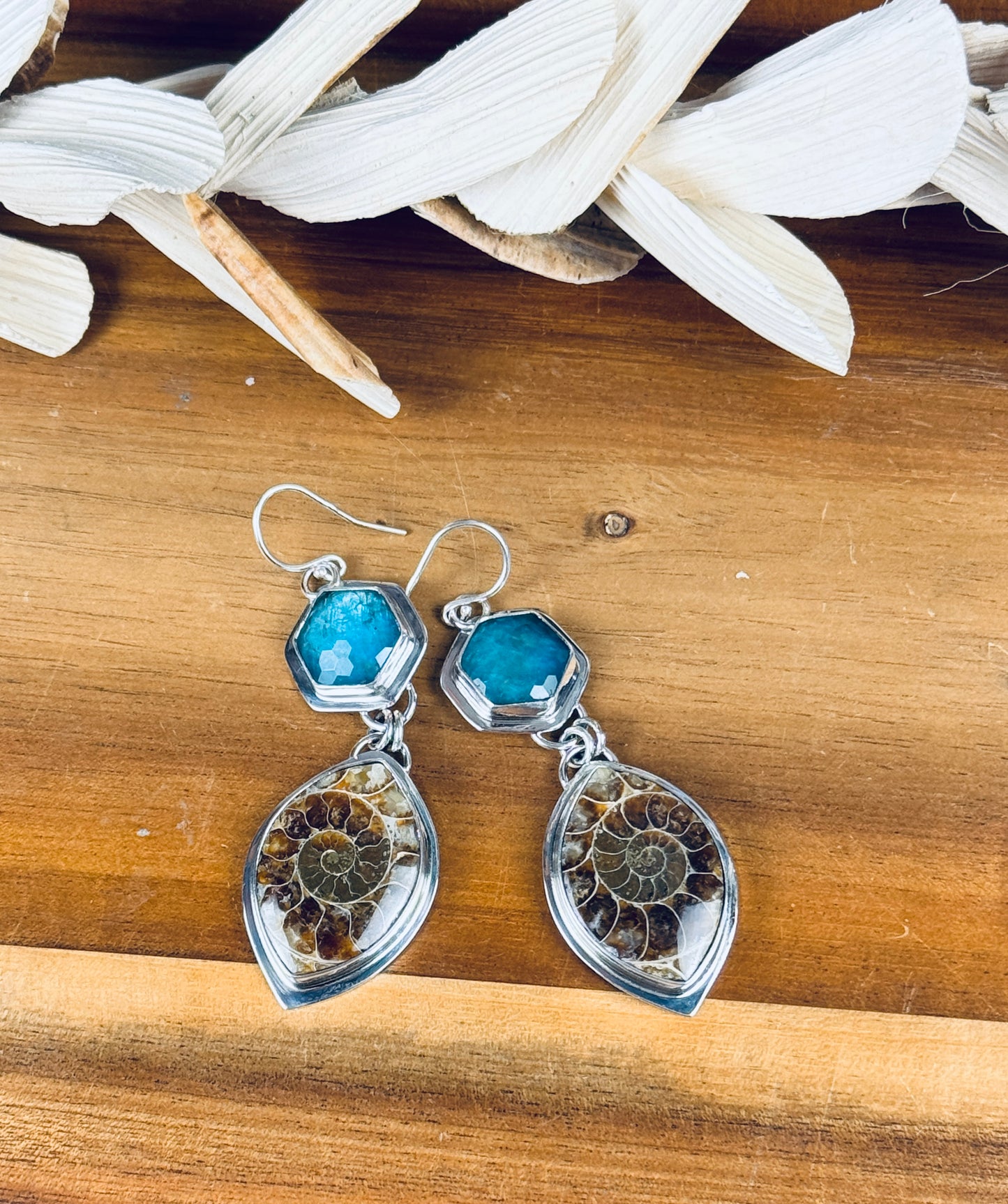 Sterling Silver Ammonite and Checkboard Cut Apatite Doublet Earrings