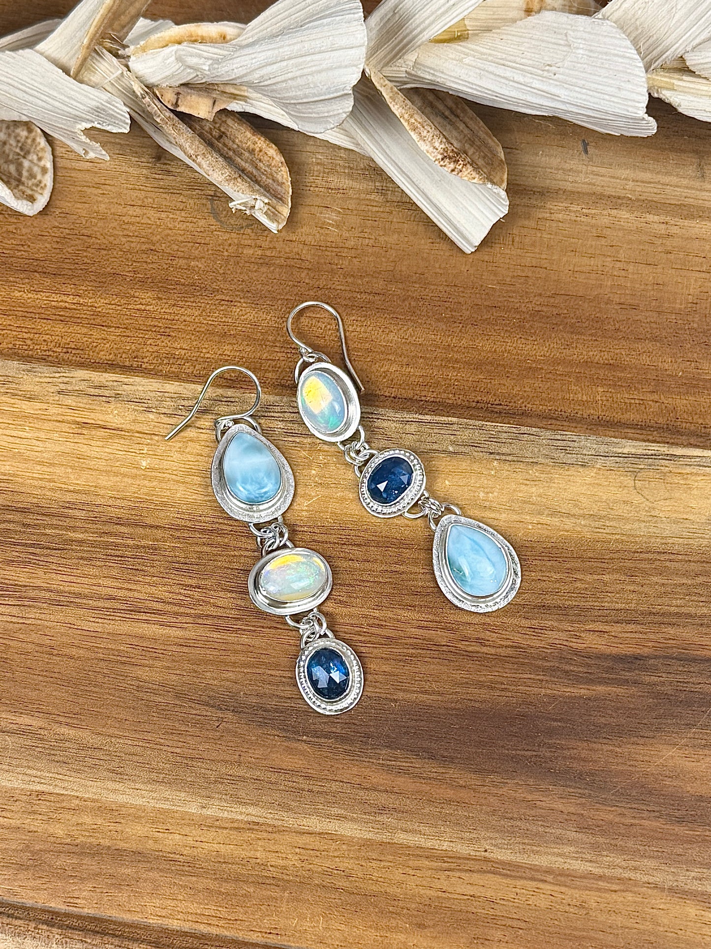 Welo Opal, Paraiba Kyanite and Larimar Sterling Silver Earrings