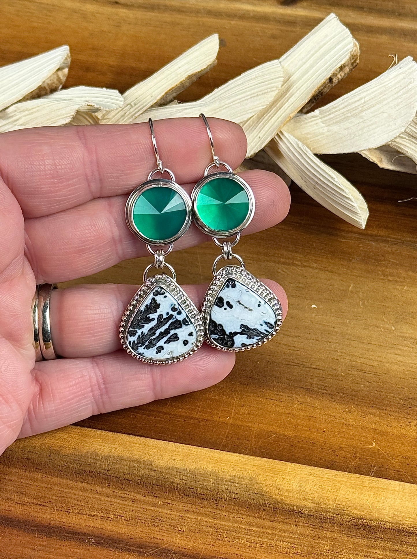 Black Feather Medicine Bow Agate and Green Onyx Earrings