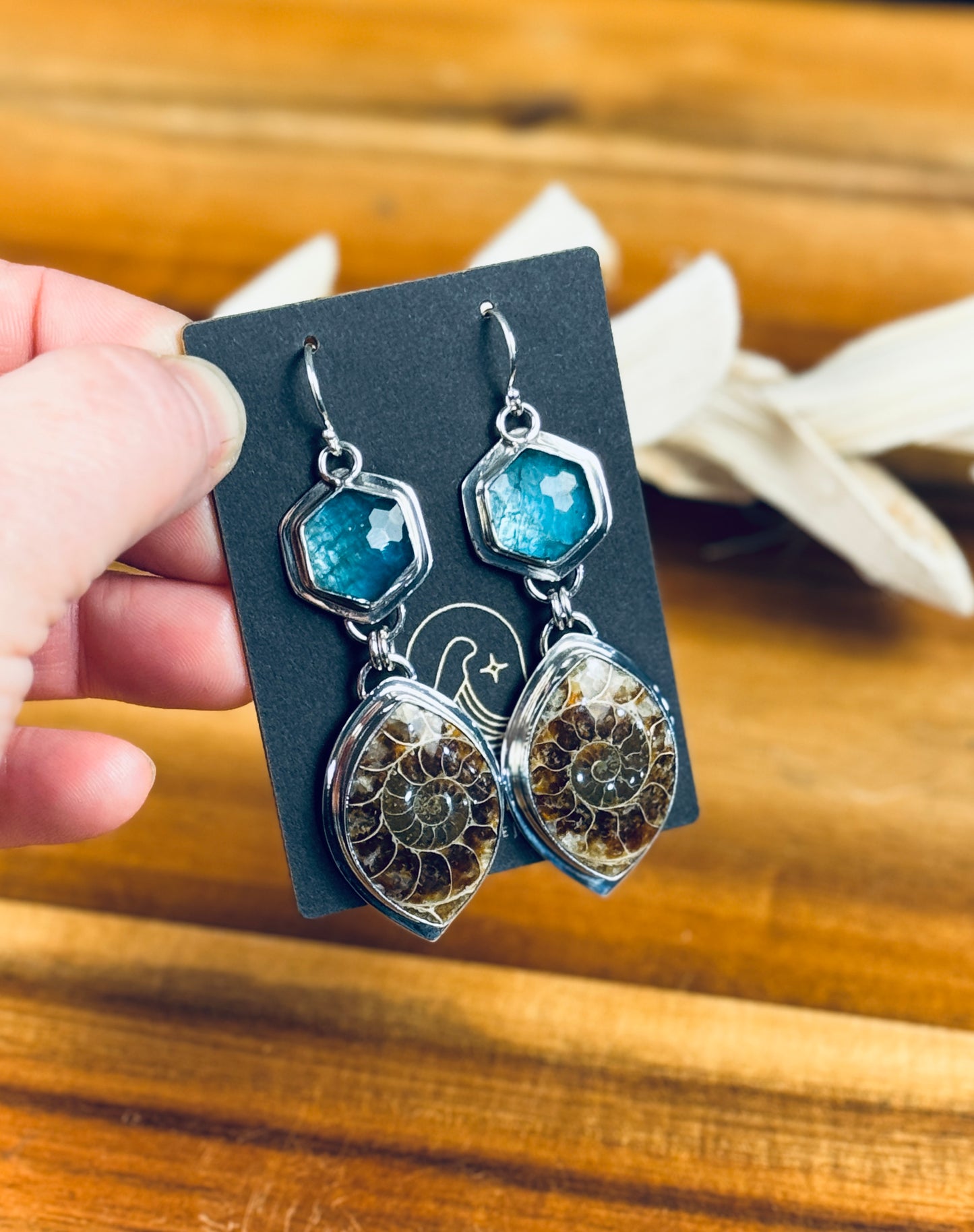 Sterling Silver Ammonite and Checkboard Cut Apatite Doublet Earrings