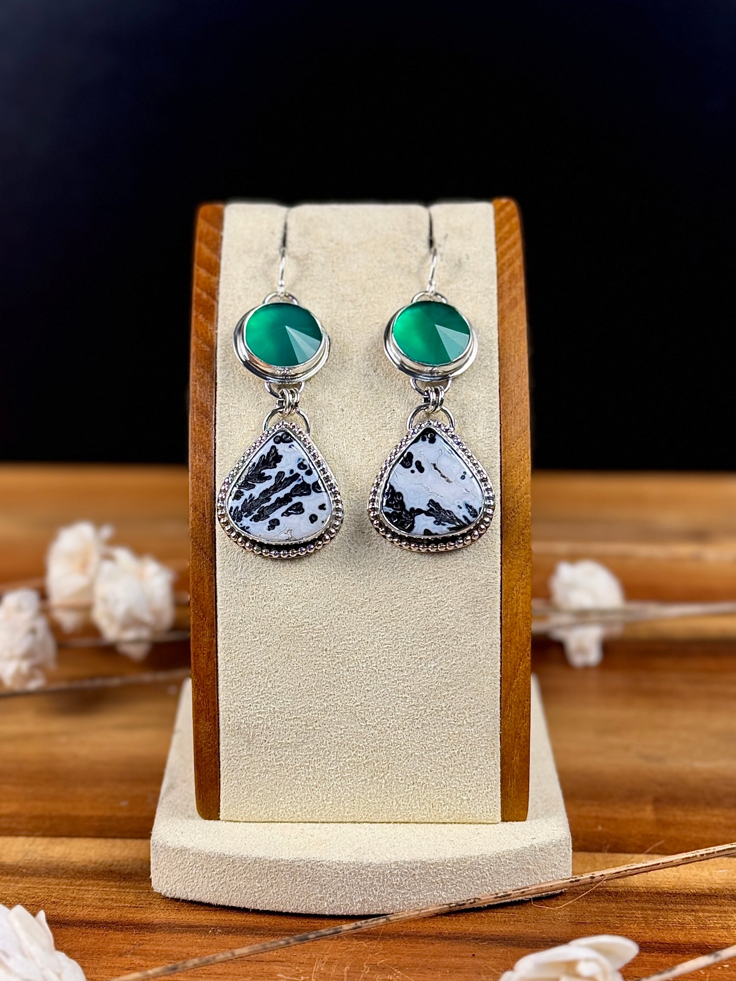 Black Feather Medicine Bow Agate and Green Onyx Earrings