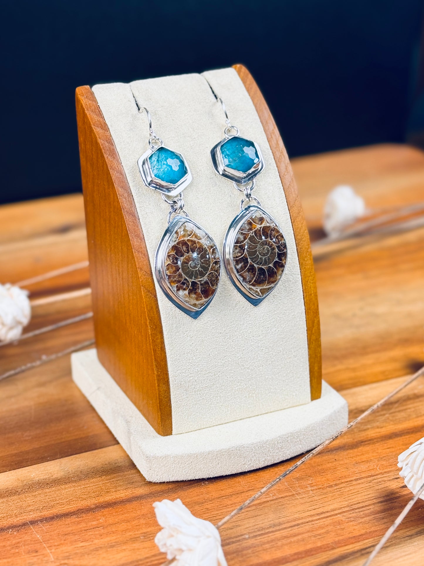 Sterling Silver Ammonite and Checkboard Cut Apatite Doublet Earrings