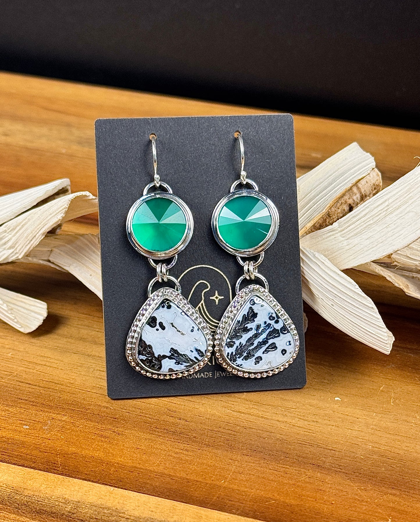 Black Feather Medicine Bow Agate and Green Onyx Earrings