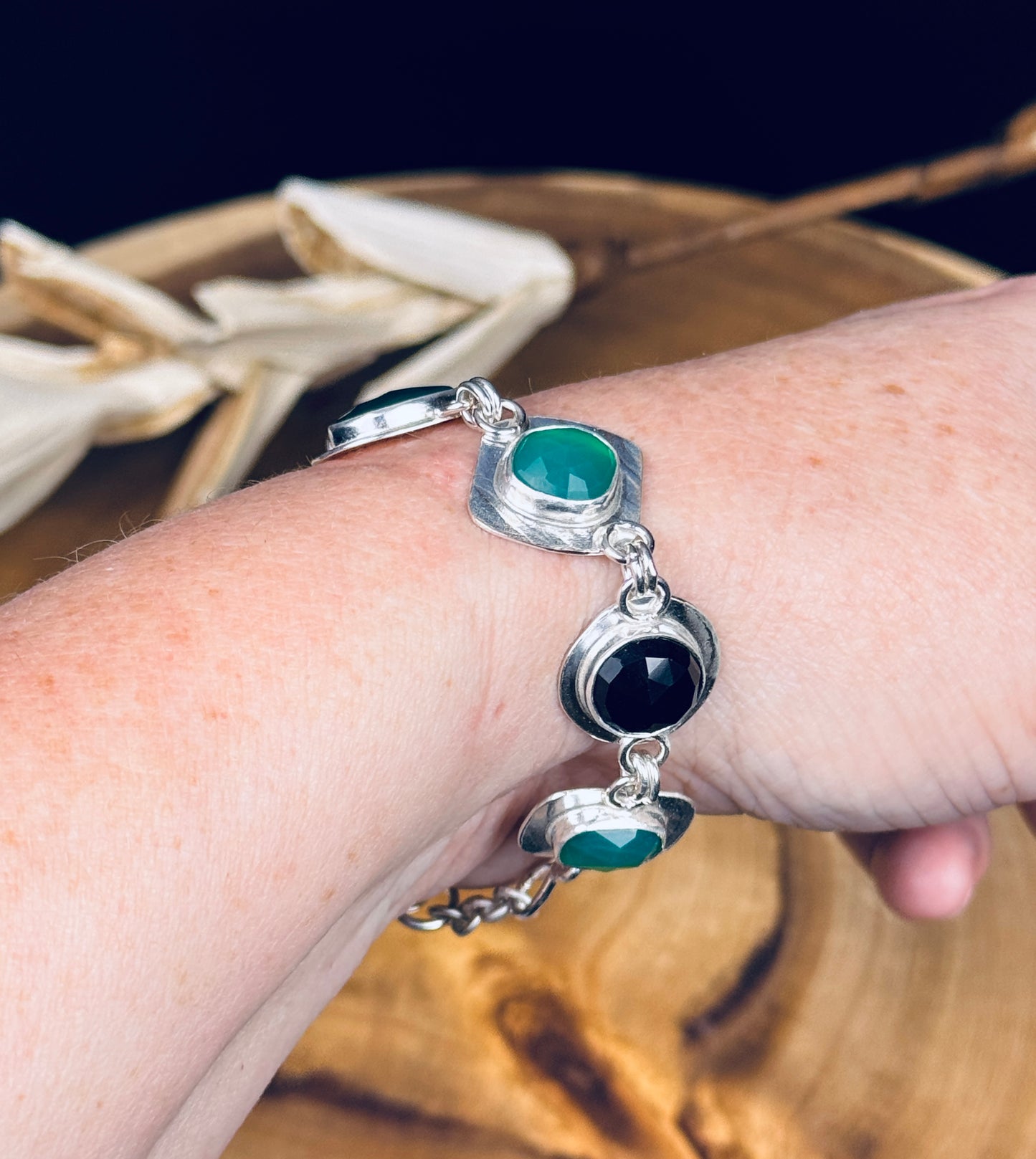 Sterling Silver Green and Black Onyx Bracelet