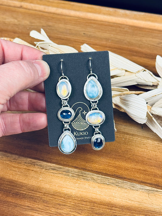 Welo Opal, Paraiba Kyanite and Larimar Sterling Silver Earrings