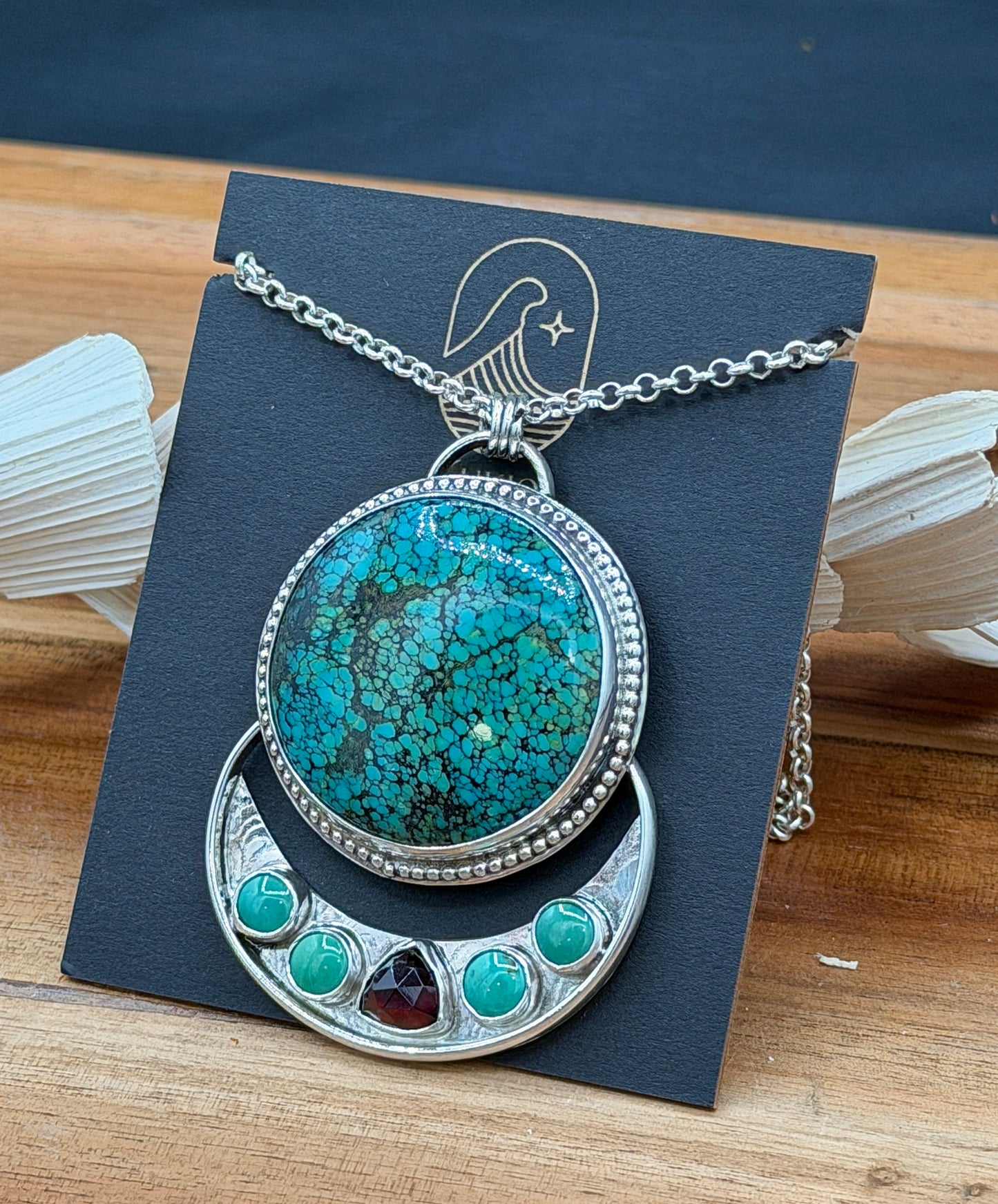 Hubei Turquoise with Turquoise and Garnet Sterling Silver Pendant