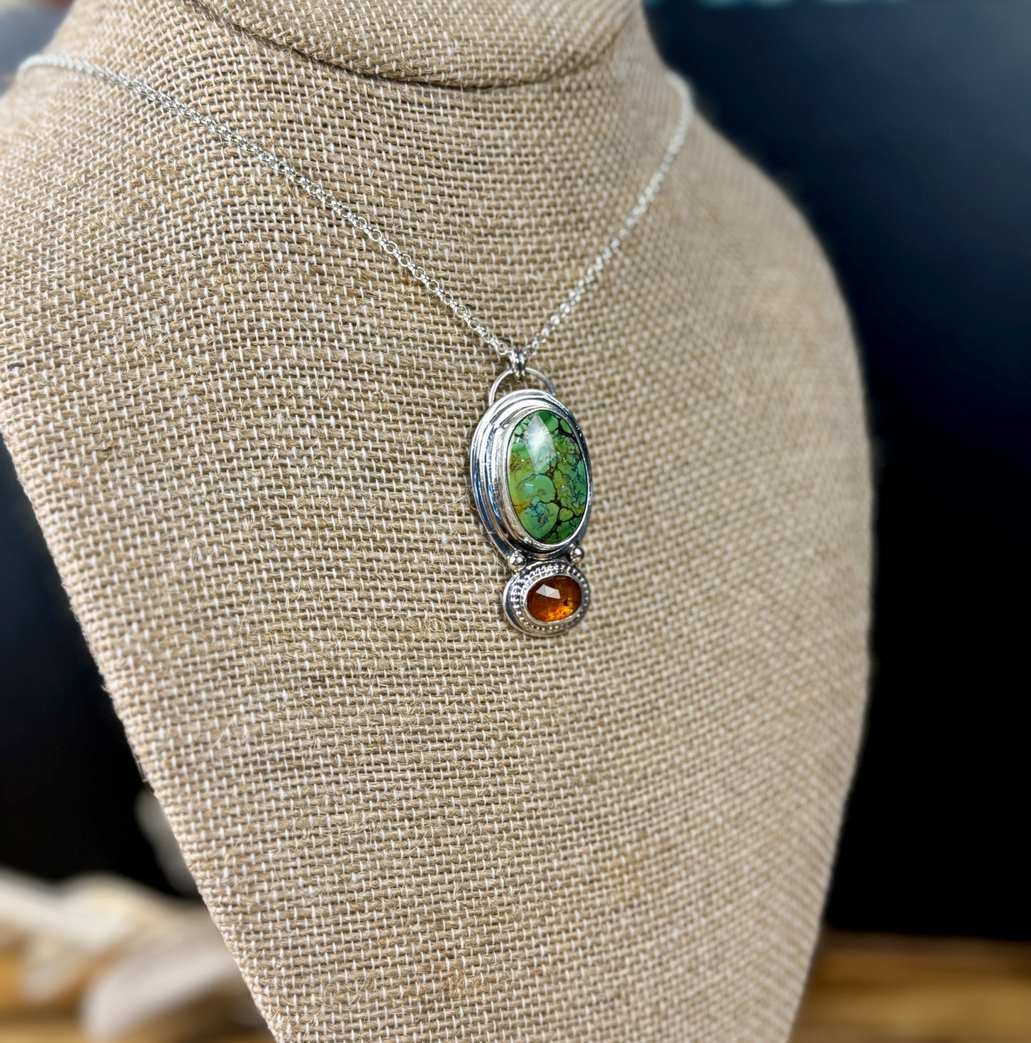 Natural Amazon Green Turquoise and Orange Kyanite Pendant