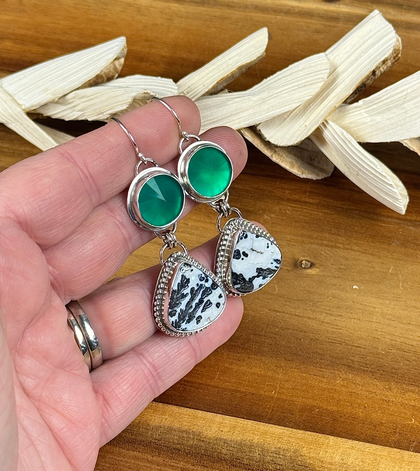 Black Feather Medicine Bow Agate and Green Onyx Earrings